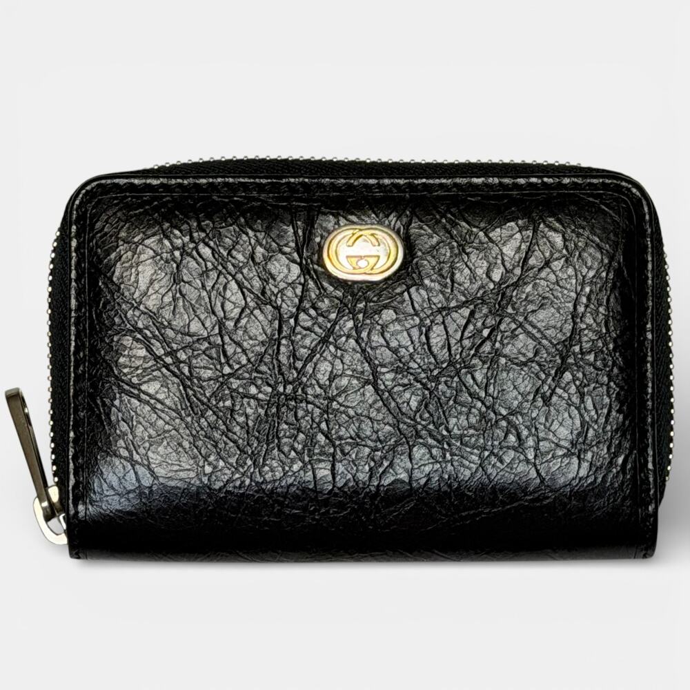 Gucci Black Grained Leather Zip Wallet Iconic Interlocking GG w/Storage Box